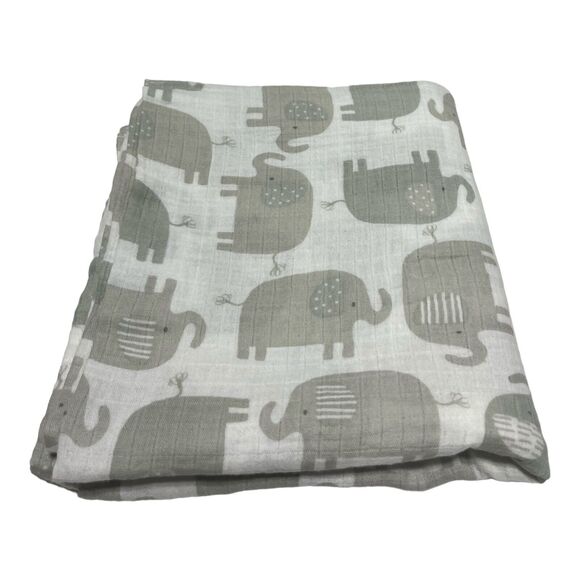 Le Petit Gray White Elephant Muslin Swaddle Baby Blanket 100% Cotton - Picture 1 of 4